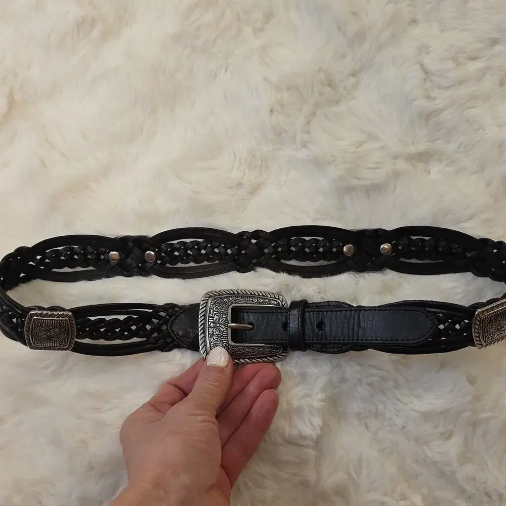 Vintage Black Braided Leather Western Cowgirl Conch Belt Womens ML